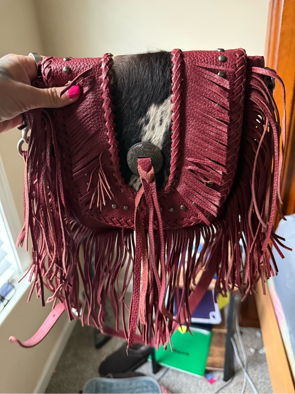 Montana West Fringe Crossbody Bag in Burgundy with Haircalf Accent